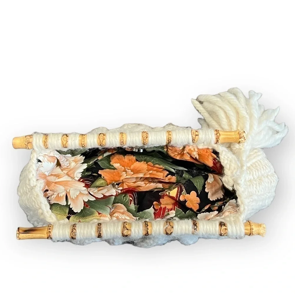 Handmade Wool Cableknit Sweater Bamboo Handle Tassle Clutch Bag Ivory
